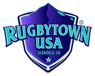 A blue and purple shield logo displays the text "RugbyTown USA, Glendale, CO" with a small star at the bottom.